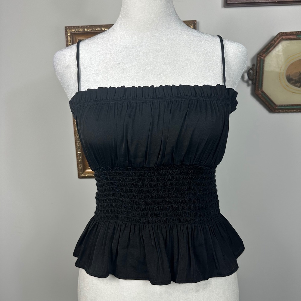 Free People Black Satin Smocked Peplum Top - SIZE XS Milkmaid Boho Minimalist‎